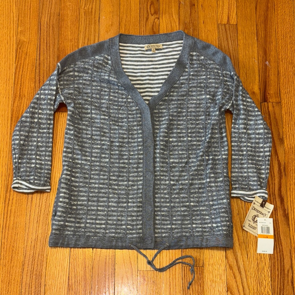 NEW Democracy Gray White Striped Waffle Knit Pattern DrawString Cardigan Sm